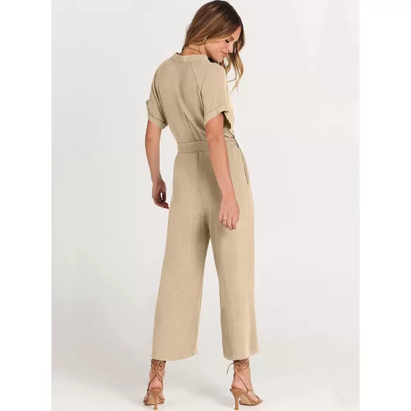 imageANRABESS Womens Short Sleeve V Neck Buttons Waist Belt Straight Wide Leg Cropped Jumpsuits Rompers with PocketsApricot