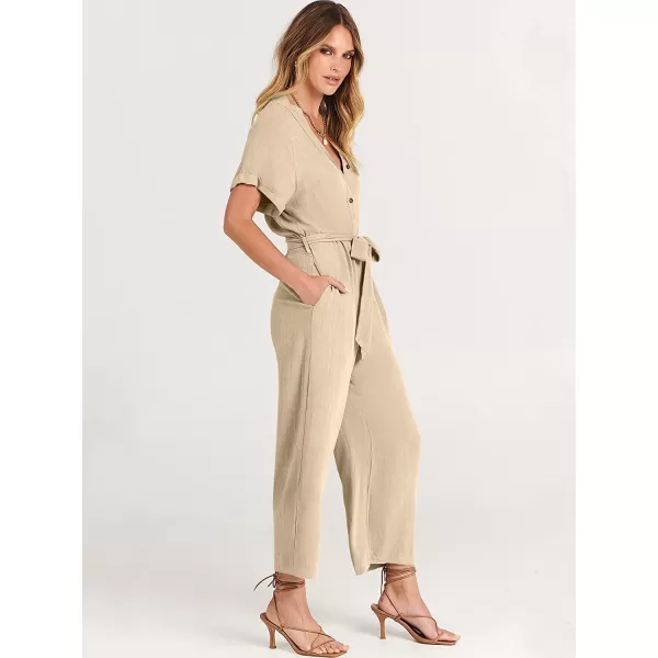imageANRABESS Womens Short Sleeve V Neck Buttons Waist Belt Straight Wide Leg Cropped Jumpsuits Rompers with PocketsApricot