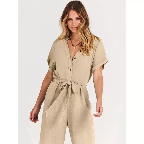 imageANRABESS Womens Short Sleeve V Neck Buttons Waist Belt Straight Wide Leg Cropped Jumpsuits Rompers with PocketsApricot