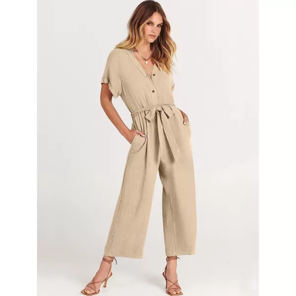 imageANRABESS Womens Short Sleeve V Neck Buttons Waist Belt Straight Wide Leg Cropped Jumpsuits Rompers with PocketsApricot