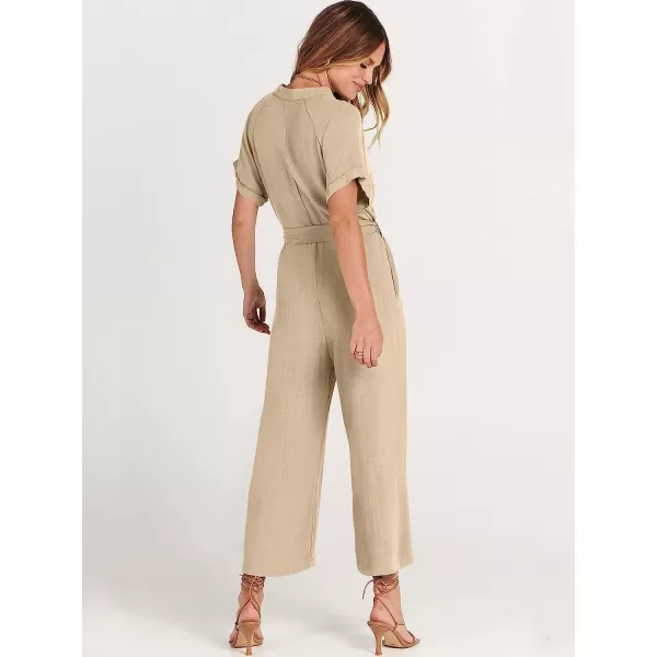 imageANRABESS Womens Short Sleeve V Neck Buttons Waist Belt Straight Wide Leg Cropped Jumpsuits Rompers with PocketsApricot