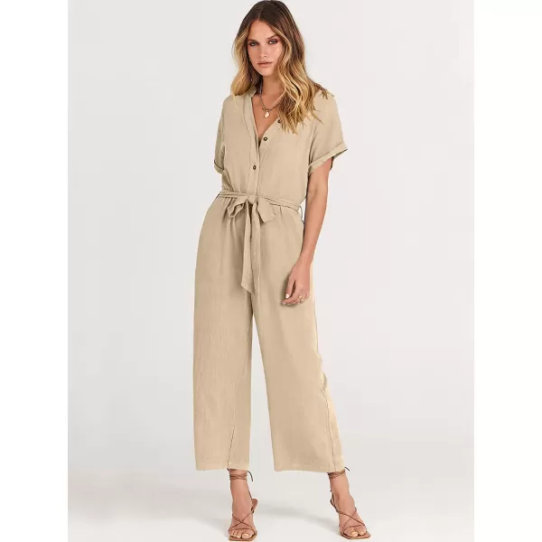 imageANRABESS Womens Short Sleeve V Neck Buttons Waist Belt Straight Wide Leg Cropped Jumpsuits Rompers with PocketsApricot