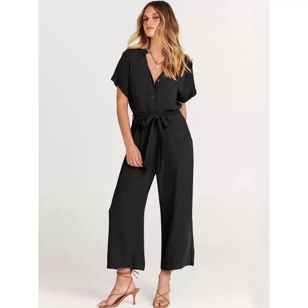 imageANRABESS Womens Short Sleeve V Neck Buttons Waist Belt Straight Wide Leg Cropped Jumpsuits Rompers with PocketsBlack