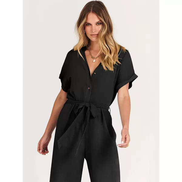 imageANRABESS Womens Short Sleeve V Neck Buttons Waist Belt Straight Wide Leg Cropped Jumpsuits Rompers with PocketsBlack