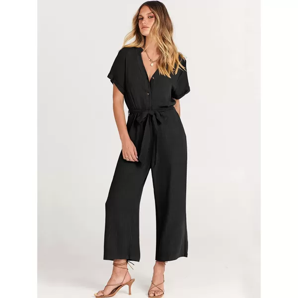 imageANRABESS Womens Short Sleeve V Neck Buttons Waist Belt Straight Wide Leg Cropped Jumpsuits Rompers with PocketsBlack