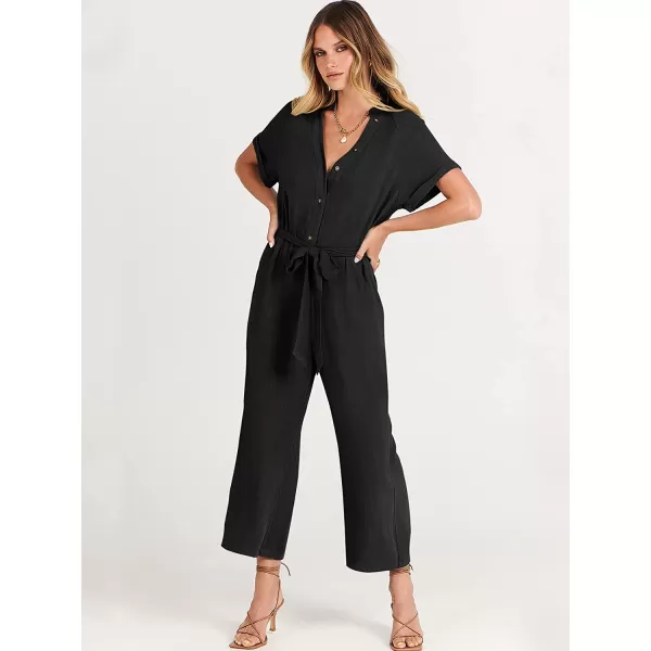 imageANRABESS Womens Short Sleeve V Neck Buttons Waist Belt Straight Wide Leg Cropped Jumpsuits Rompers with PocketsBlack