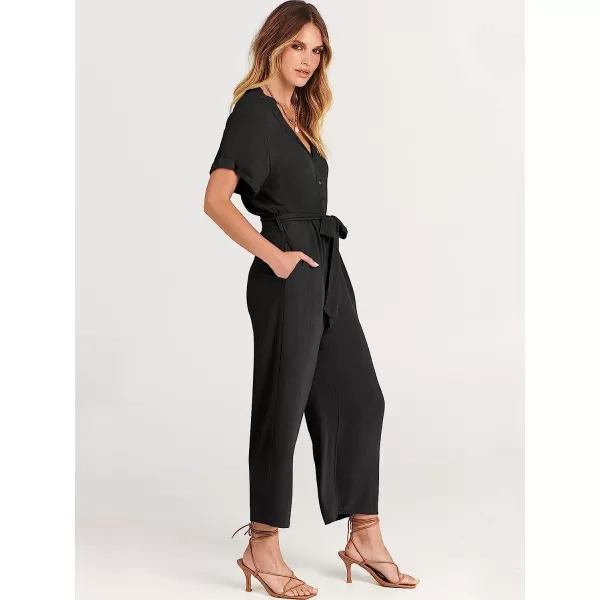 imageANRABESS Womens Short Sleeve V Neck Buttons Waist Belt Straight Wide Leg Cropped Jumpsuits Rompers with PocketsBlack