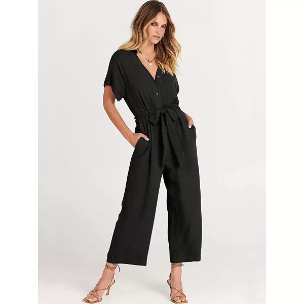 imageANRABESS Womens Short Sleeve V Neck Buttons Waist Belt Straight Wide Leg Cropped Jumpsuits Rompers with PocketsBlack