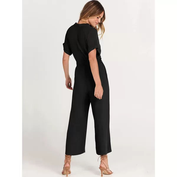 imageANRABESS Womens Short Sleeve V Neck Buttons Waist Belt Straight Wide Leg Cropped Jumpsuits Rompers with PocketsBlack
