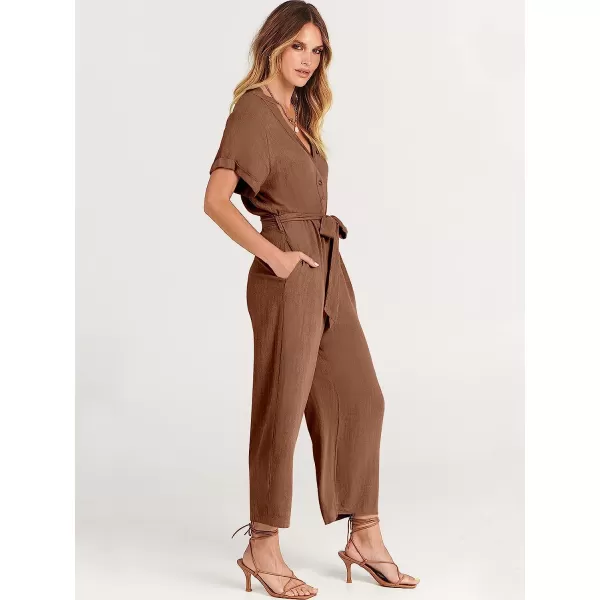 imageANRABESS Womens Short Sleeve V Neck Buttons Waist Belt Straight Wide Leg Cropped Jumpsuits Rompers with PocketsBrown