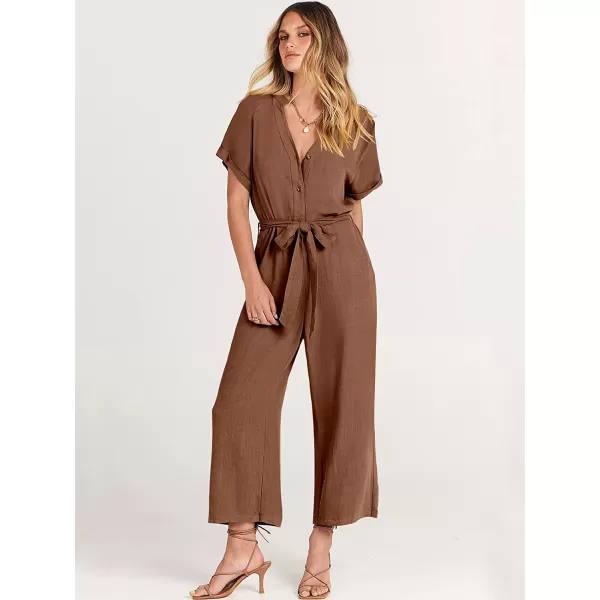 imageANRABESS Womens Short Sleeve V Neck Buttons Waist Belt Straight Wide Leg Cropped Jumpsuits Rompers with PocketsBrown