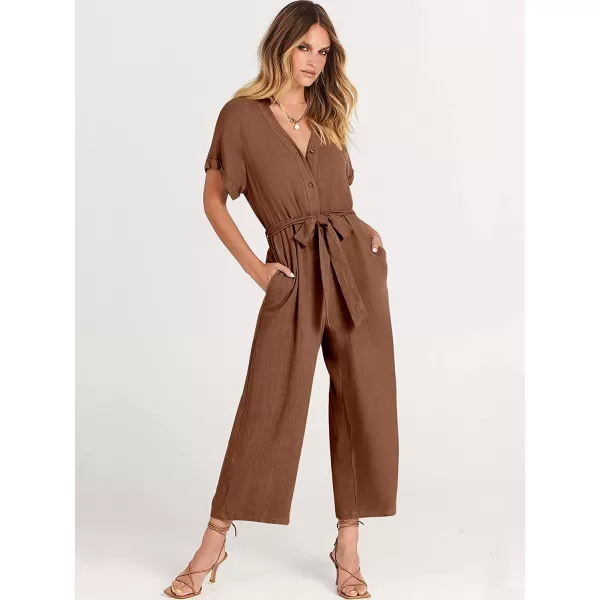 imageANRABESS Womens Short Sleeve V Neck Buttons Waist Belt Straight Wide Leg Cropped Jumpsuits Rompers with PocketsBrown
