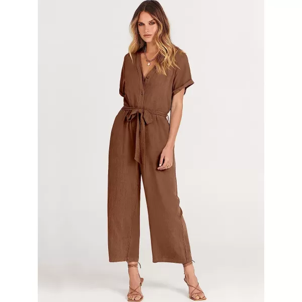 imageANRABESS Womens Short Sleeve V Neck Buttons Waist Belt Straight Wide Leg Cropped Jumpsuits Rompers with PocketsBrown