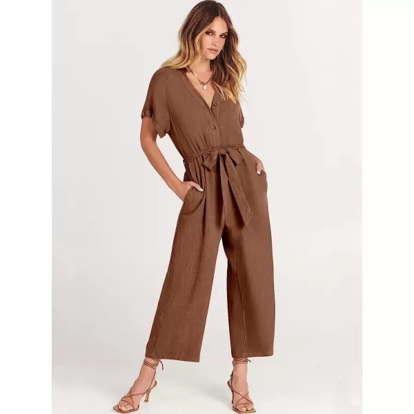 imageANRABESS Womens Short Sleeve V Neck Buttons Waist Belt Straight Wide Leg Cropped Jumpsuits Rompers with PocketsBrown