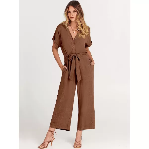 imageANRABESS Womens Short Sleeve V Neck Buttons Waist Belt Straight Wide Leg Cropped Jumpsuits Rompers with PocketsBrown