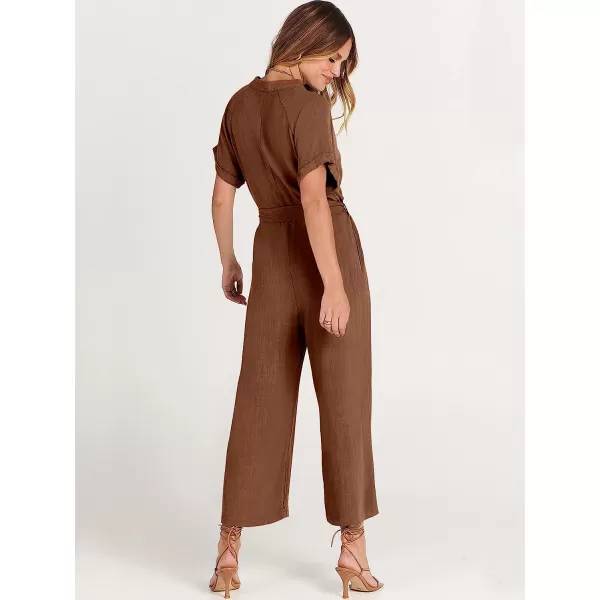 imageANRABESS Womens Short Sleeve V Neck Buttons Waist Belt Straight Wide Leg Cropped Jumpsuits Rompers with PocketsBrown