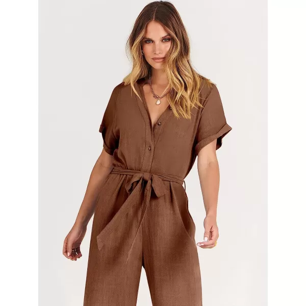 imageANRABESS Womens Short Sleeve V Neck Buttons Waist Belt Straight Wide Leg Cropped Jumpsuits Rompers with PocketsBrown