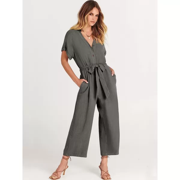 imageANRABESS Womens Short Sleeve V Neck Buttons Waist Belt Straight Wide Leg Cropped Jumpsuits Rompers with PocketsDark Gray