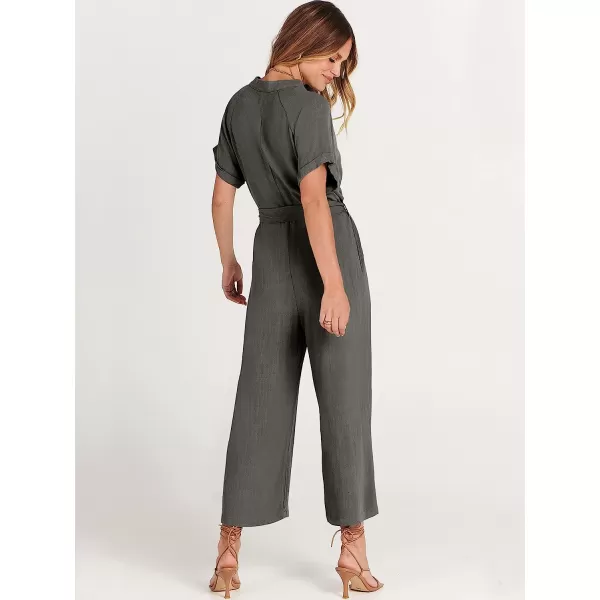 imageANRABESS Womens Short Sleeve V Neck Buttons Waist Belt Straight Wide Leg Cropped Jumpsuits Rompers with PocketsDark Gray