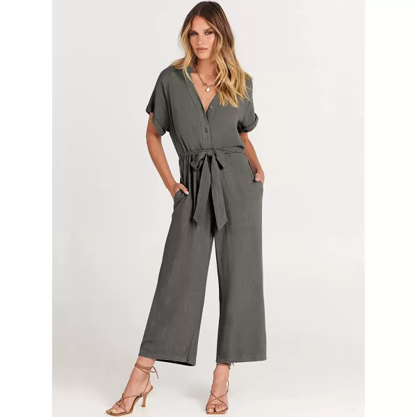 imageANRABESS Womens Short Sleeve V Neck Buttons Waist Belt Straight Wide Leg Cropped Jumpsuits Rompers with PocketsDark Gray