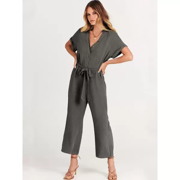 imageANRABESS Womens Short Sleeve V Neck Buttons Waist Belt Straight Wide Leg Cropped Jumpsuits Rompers with PocketsDark Gray