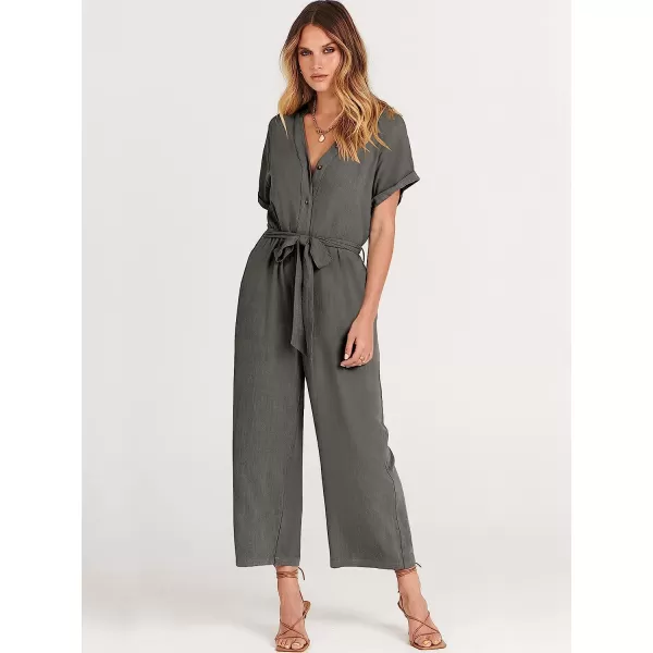 imageANRABESS Womens Short Sleeve V Neck Buttons Waist Belt Straight Wide Leg Cropped Jumpsuits Rompers with PocketsDark Gray
