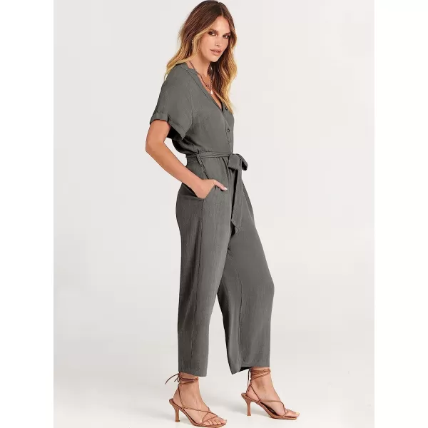 imageANRABESS Womens Short Sleeve V Neck Buttons Waist Belt Straight Wide Leg Cropped Jumpsuits Rompers with PocketsDark Gray