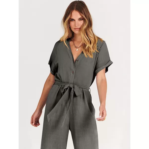 imageANRABESS Womens Short Sleeve V Neck Buttons Waist Belt Straight Wide Leg Cropped Jumpsuits Rompers with PocketsDark Gray