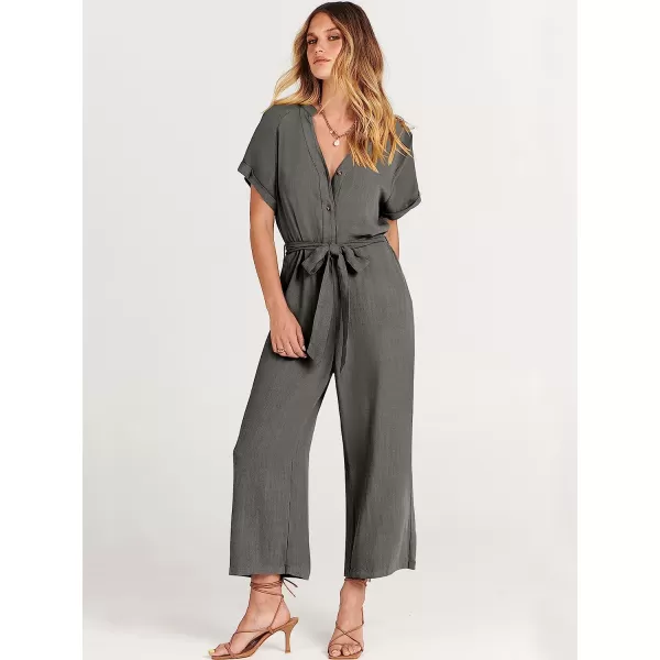imageANRABESS Womens Short Sleeve V Neck Buttons Waist Belt Straight Wide Leg Cropped Jumpsuits Rompers with PocketsDark Gray