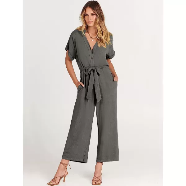 imageANRABESS Womens Short Sleeve V Neck Buttons Waist Belt Straight Wide Leg Cropped Jumpsuits Rompers with PocketsDark Gray