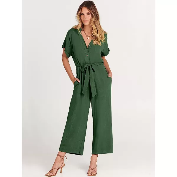 imageANRABESS Womens Short Sleeve V Neck Buttons Waist Belt Straight Wide Leg Cropped Jumpsuits Rompers with PocketsDark Green