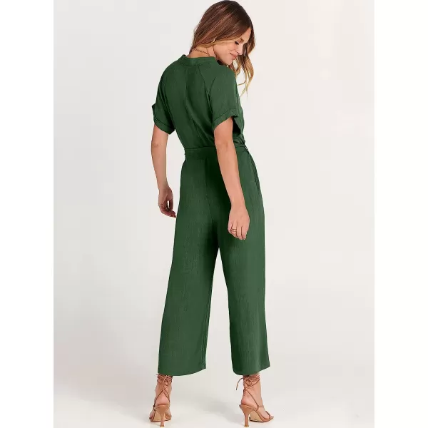 imageANRABESS Womens Short Sleeve V Neck Buttons Waist Belt Straight Wide Leg Cropped Jumpsuits Rompers with PocketsDark Green