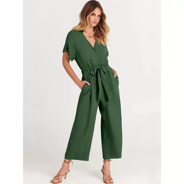 imageANRABESS Womens Short Sleeve V Neck Buttons Waist Belt Straight Wide Leg Cropped Jumpsuits Rompers with PocketsDark Green