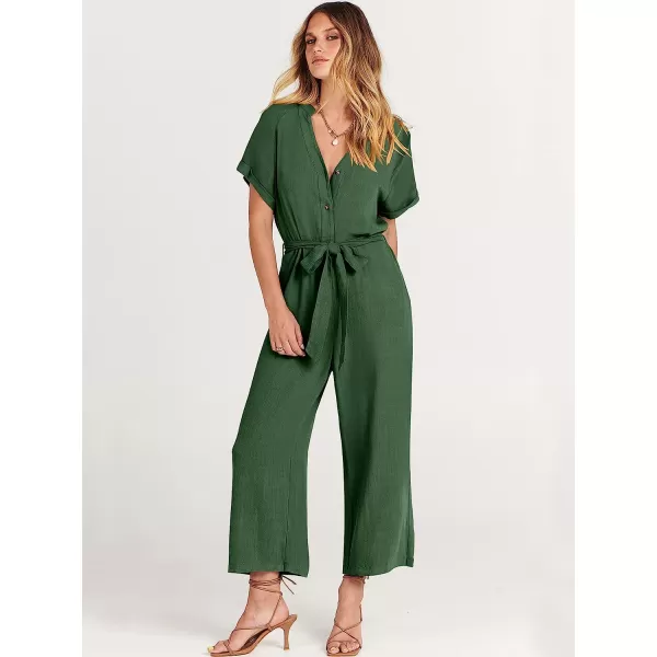 imageANRABESS Womens Short Sleeve V Neck Buttons Waist Belt Straight Wide Leg Cropped Jumpsuits Rompers with PocketsDark Green