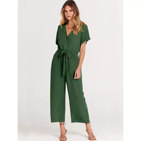 imageANRABESS Womens Short Sleeve V Neck Buttons Waist Belt Straight Wide Leg Cropped Jumpsuits Rompers with PocketsDark Green