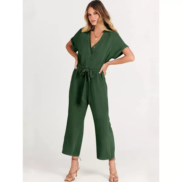 imageANRABESS Womens Short Sleeve V Neck Buttons Waist Belt Straight Wide Leg Cropped Jumpsuits Rompers with PocketsDark Green