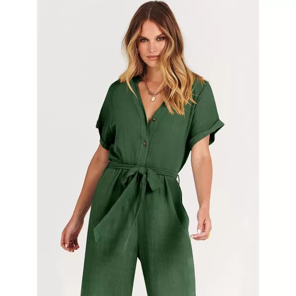 imageANRABESS Womens Short Sleeve V Neck Buttons Waist Belt Straight Wide Leg Cropped Jumpsuits Rompers with PocketsDark Green