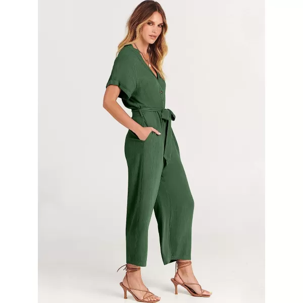 imageANRABESS Womens Short Sleeve V Neck Buttons Waist Belt Straight Wide Leg Cropped Jumpsuits Rompers with PocketsDark Green