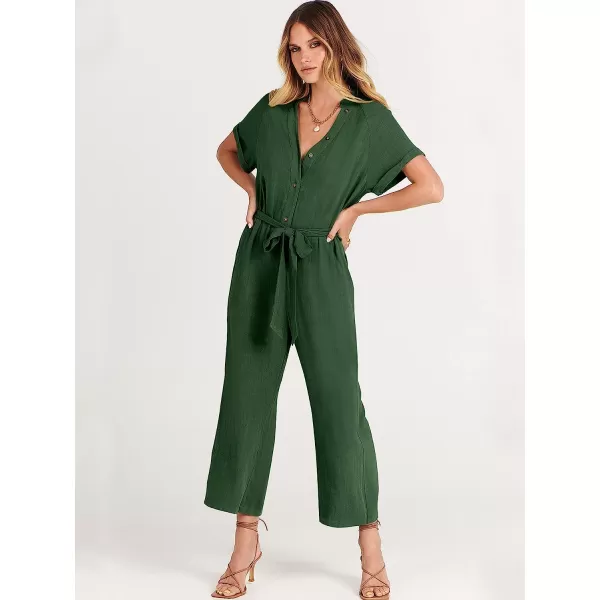 imageANRABESS Womens Short Sleeve V Neck Buttons Waist Belt Straight Wide Leg Cropped Jumpsuits Rompers with PocketsDark Green