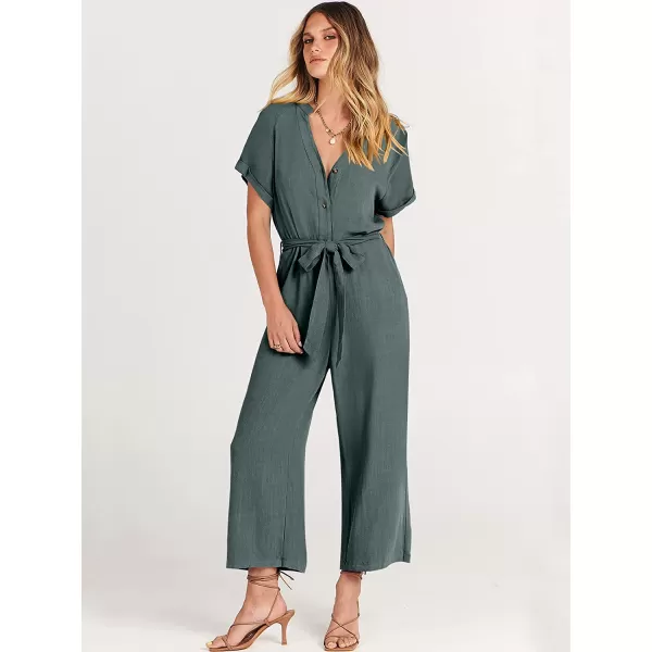 imageANRABESS Womens Short Sleeve V Neck Buttons Waist Belt Straight Wide Leg Cropped Jumpsuits Rompers with PocketsGray Blue