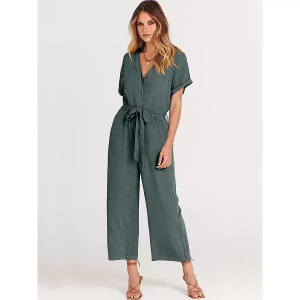 imageANRABESS Womens Short Sleeve V Neck Buttons Waist Belt Straight Wide Leg Cropped Jumpsuits Rompers with PocketsGray Blue