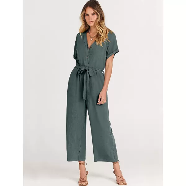 imageANRABESS Womens Short Sleeve V Neck Buttons Waist Belt Straight Wide Leg Cropped Jumpsuits Rompers with PocketsGray Blue