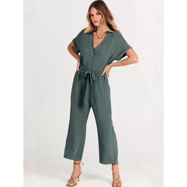 imageANRABESS Womens Short Sleeve V Neck Buttons Waist Belt Straight Wide Leg Cropped Jumpsuits Rompers with PocketsGray Blue