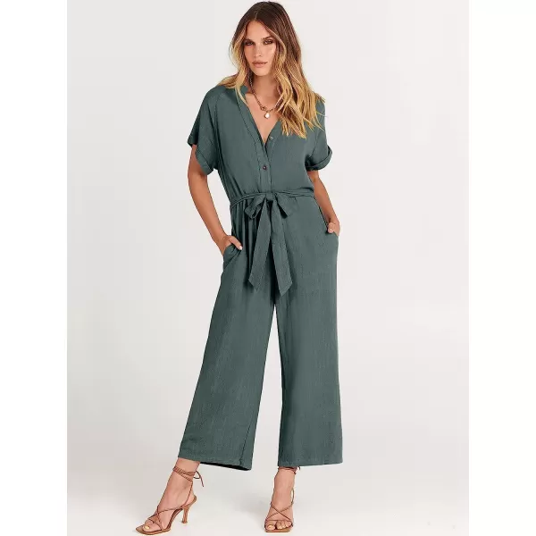 imageANRABESS Womens Short Sleeve V Neck Buttons Waist Belt Straight Wide Leg Cropped Jumpsuits Rompers with PocketsGray Blue