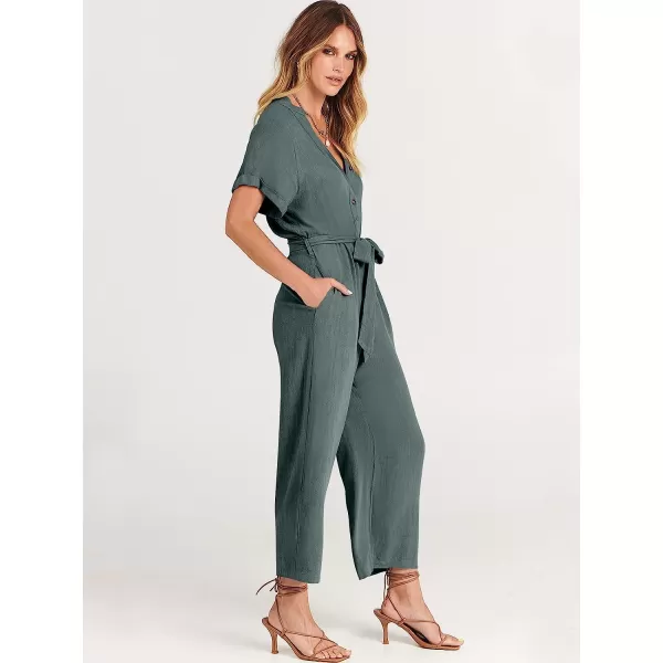 imageANRABESS Womens Short Sleeve V Neck Buttons Waist Belt Straight Wide Leg Cropped Jumpsuits Rompers with PocketsGray Blue