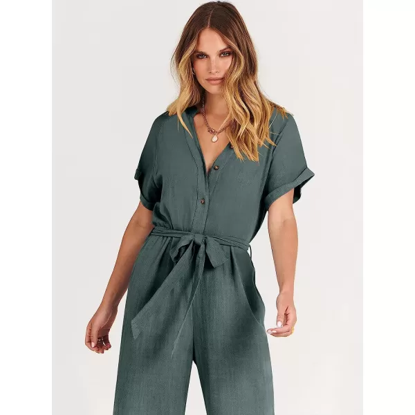 imageANRABESS Womens Short Sleeve V Neck Buttons Waist Belt Straight Wide Leg Cropped Jumpsuits Rompers with PocketsGray Blue