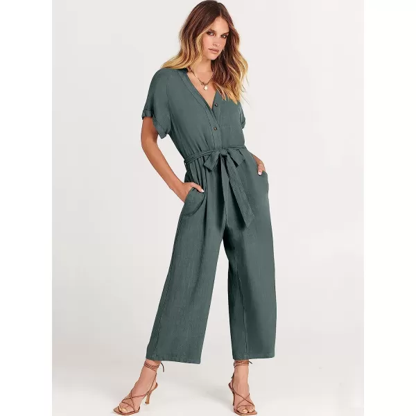 imageANRABESS Womens Short Sleeve V Neck Buttons Waist Belt Straight Wide Leg Cropped Jumpsuits Rompers with PocketsGray Blue