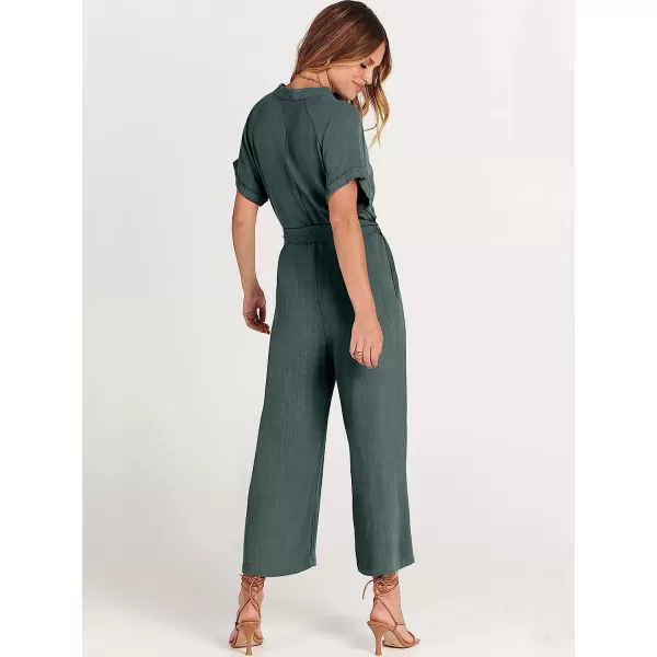 imageANRABESS Womens Short Sleeve V Neck Buttons Waist Belt Straight Wide Leg Cropped Jumpsuits Rompers with PocketsGray Blue