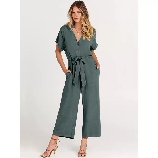 imageANRABESS Womens Short Sleeve V Neck Buttons Waist Belt Straight Wide Leg Cropped Jumpsuits Rompers with PocketsGray Blue
