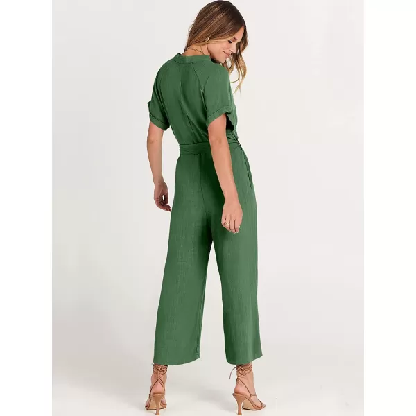 imageANRABESS Womens Short Sleeve V Neck Buttons Waist Belt Straight Wide Leg Cropped Jumpsuits Rompers with PocketsGreen
